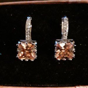 Silver Champagne Sapphire Hook EmeraldCut Earrings